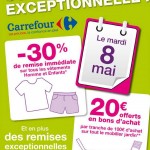 Carrefour 8 mai 2012 : 30%  sur vetements hommes et enfants, 20 euros par tranche de 100 sur mobilier de jardin