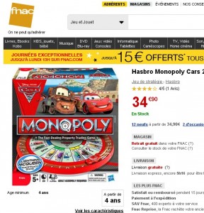 sur le site de la fnac monopoly cars 2  est à 35 euros
