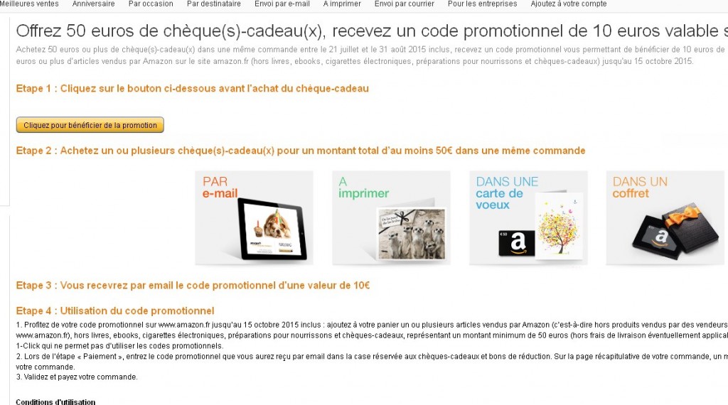 bon plan amazon 10 euros offerts pour l'achat d'un chèque cadeau