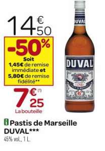 Pastis Duval a 7,50 euros la bouteille