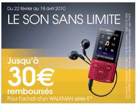 20 ou 30 euros de remboursement sur Walkman Sony Serie E