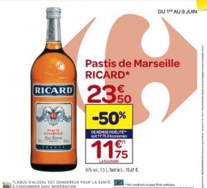 Ricard 1 litre 1/2 à moins de 12 euros la bouteille