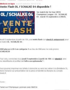 Football OL – SCHALKE04 : places à 20 euros au lieu de 90