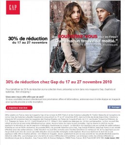 30 pourcent de reduction dans les boutiques gap du 17 au 27 novembre