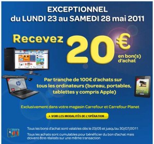 Carrefour : des bons de 20 euros par tranche de 100 d’achat en ordinateur et tablette