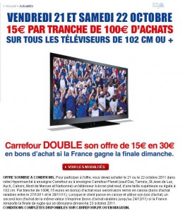 Carrefour : 15 euros de bon d’achat par tranche de 100 d’achats sur les televiseurs