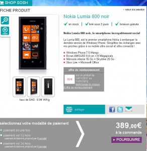 Nokia Lumia 800 à 339€ avec un forfait sans engagement sosh