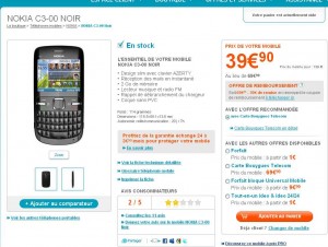 Mobile Nokia C3 qui revient à 39,90 euros en formule prepayée bouygues voire 19.90 en rec
