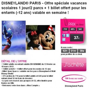 Disneyland paris : 37 euros pour 2 entrées (1 adulte et 1 enfant) durant les vacances de fevrier (en semaine) ou 42 pour les week end