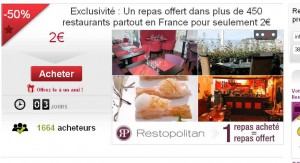 2 euros pour avoir un repas offert pour un repas acheté dans un restaurant parmis 450 en France