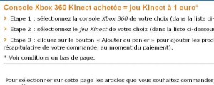 une console xbox360 kinect achetee = 1 jeu à 1 euro (kinect sport 1 ou 2,  dance central 2 , disneyland adventure)