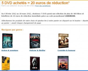 20 euros de remise pour l’achat de 5 DVD ou pour l’achat de 4 BluRay