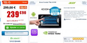 Tablette android Acer Iconia A100 à 239.90 livraison incluse