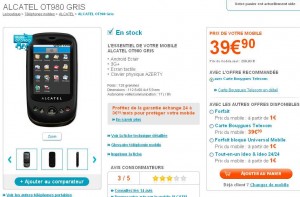 Smartphone android à clavier  alcatel OT980 à 39.90 euros en prépayé sans engagement