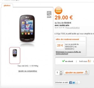 Mobile LG EGO à 9 euros en formule prepayée sans engagement