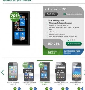 Smartphone windowsphone NOKIA LUMIA 800 qui revient à 290 euros sans engagement ni simlockage chez b and you
