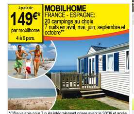 Séjours en mobil home en camping à 149 euros la semaine en avril , mai , juin, septembre 2012 ..encore des disponibilités