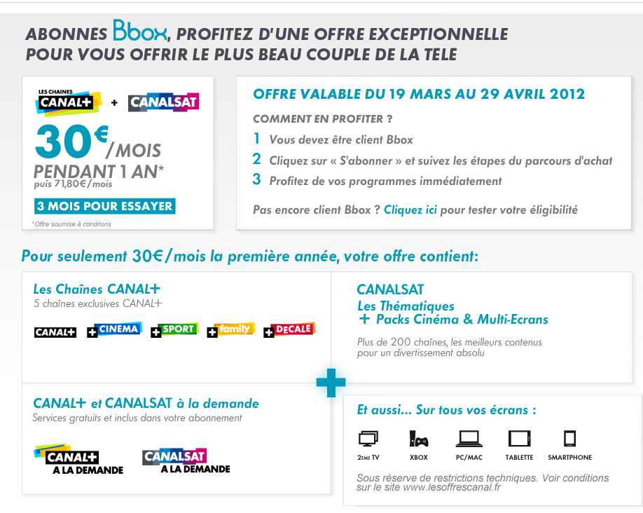 Abonnement canal+ et canalsat à 30 euros par mois pour les abonnés BBOX