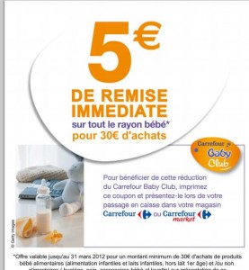 5 euros de remise pour 30 d’achats sur le rayon bebe chez carrefour jusqu’au 31 mars