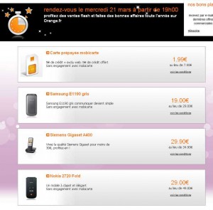 Vente flash orange du 21 – 22 mars : puce mobicarte à 1.99 euros avec 10 euros de communications , samsung E1190 à 19 euros