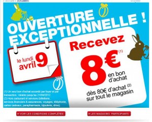 Carrefour:  un bon de 8 euros donné pour un achat d’au moins 80 euros le 9 avril 2012