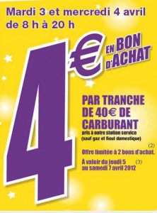 Offre Carburants chez Cora : 4 euros de bon d’achat par tranche de 40 euros de carburant les 3 et 4 avril 2012