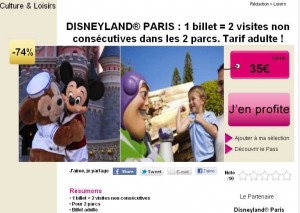 DisneylandParis : 35 euros le billet adulte – 30 euros le billet enfant valable pour 2 visites