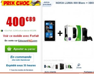 Nokia Lumia 800 + XBOX360 4Go à 400 euros livraison incluse + 50 euros de credit pour acheter des applications … à nouveau dispo