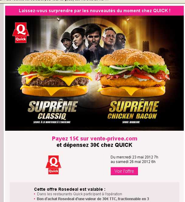 Quick 15 euros le bon d'achat de 30