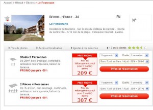 209 euros la semaine pour le studio 2 personnes à beziers les 7 et 14 juillet, 307 l’appartement 4 personnes