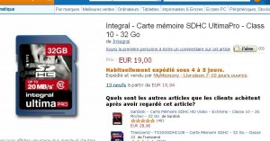 Carte Mémoire SD 32go classe 10 à 19 euros port inclu