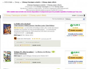 DVD Disney :  2 dvd classiques achetés = 2 dvd disney junior offerts .. les 4 pour moins de 30 euros