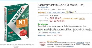 Antivirus Kaspersky 2012 3 postes 1 an pour 19 euros port inclu