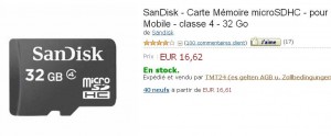Carte mémoire micro sd 32go classe 4 à 16.25 euros port inclu