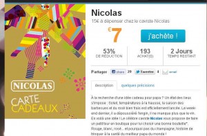 7 euros la carte cadeau de 15 euros valables dans les magasins de vins NICOLAS … dernier jour