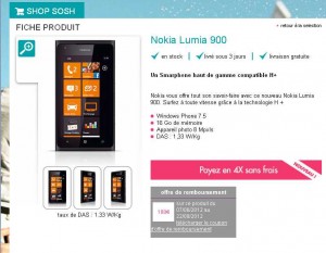 WindowsPhone Nokia Lumia 900 qui revient à moins de 340 euros (200 euros de moins que son prix normal) en forfait sans engagement