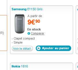 Mobile Samsung E1150 à moins de 10 euros port inclu en formule prépayée sans engagement