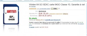 Carte Mémoire SD 64Go classe 10 à 35.69 euros port inclu