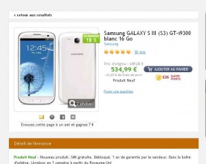 Galaxy S3 blanc sans blocage ni abonnement à moins de 545 euros port inclu