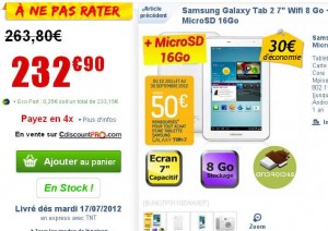 Tablette Galaxy Tab2 7 pouces avec carte micro sd 16go qui revient à 179.65 euros