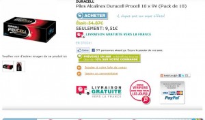 8.56 euros les 10 piles 9V Alcalines Duracell Procell … toujours disponibles