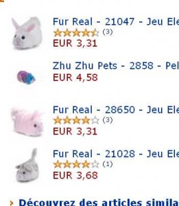 jouets animaux Zhu Zhu pets , Fur Real entre 3 et 5 euros (contre plus de 10 voire 15 euros ailleurs)