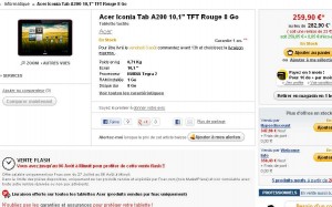 Tablette Acer Iconia Tab A200 10 pouces à 259 euros livraison incluse