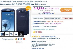 Samsung Galaxy S3 à 529 euros port inclu sans simlockage ni abonnement