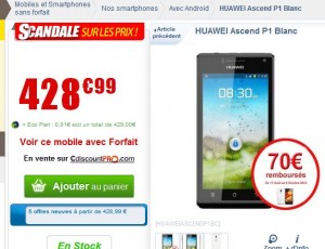Smartphone Huawei Ascend P1 qui revient à moins de 360 euros