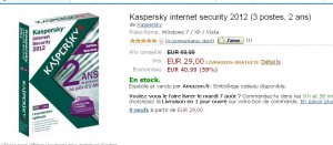 Antivirus Kaspersky internet security 3 postes / 2 ans pour 29 euros port inclu