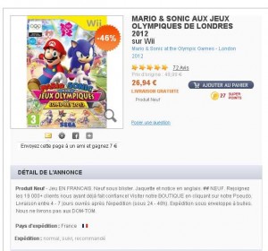 jeu wii Mario et Sonic aux jeux de londres à moins de 27 euros port inclu
