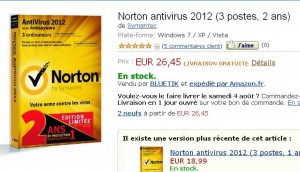 Norton antivirus 2012 3 postes 2 ans pour 26.45 euros port inclu
