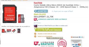 Carte mémoire Sandisk micro sd 32go classe 10 à 17.39 euros livraison incluse