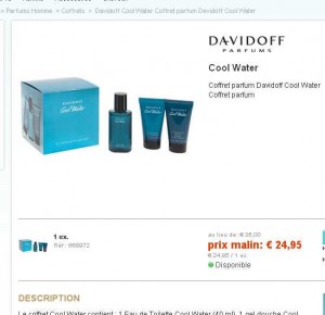 Moins de 25 euros port inclu le coffret eau de toilette DAVIDOFF Cool Water pour hommes